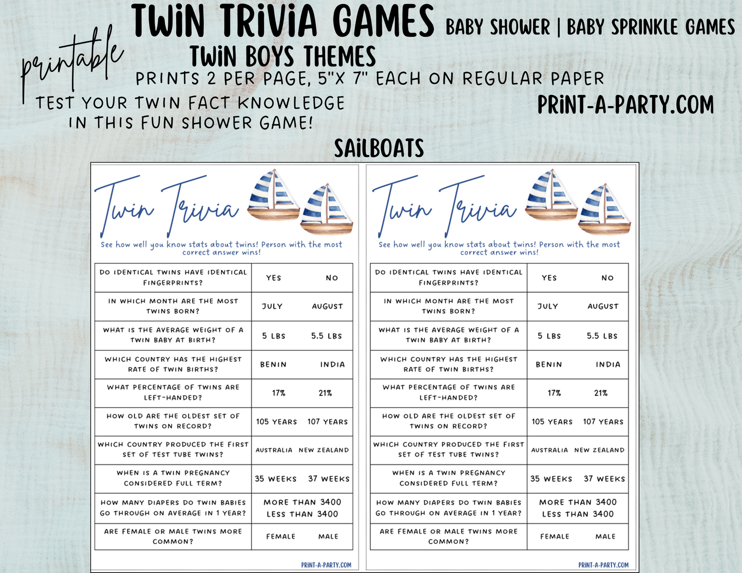 TWIN TRIVIA Game | TWIN BOYS | Twin Boys Baby Shower Idea | Twin Boys Baby Shower Activities - INSTANT DOWNLOAD