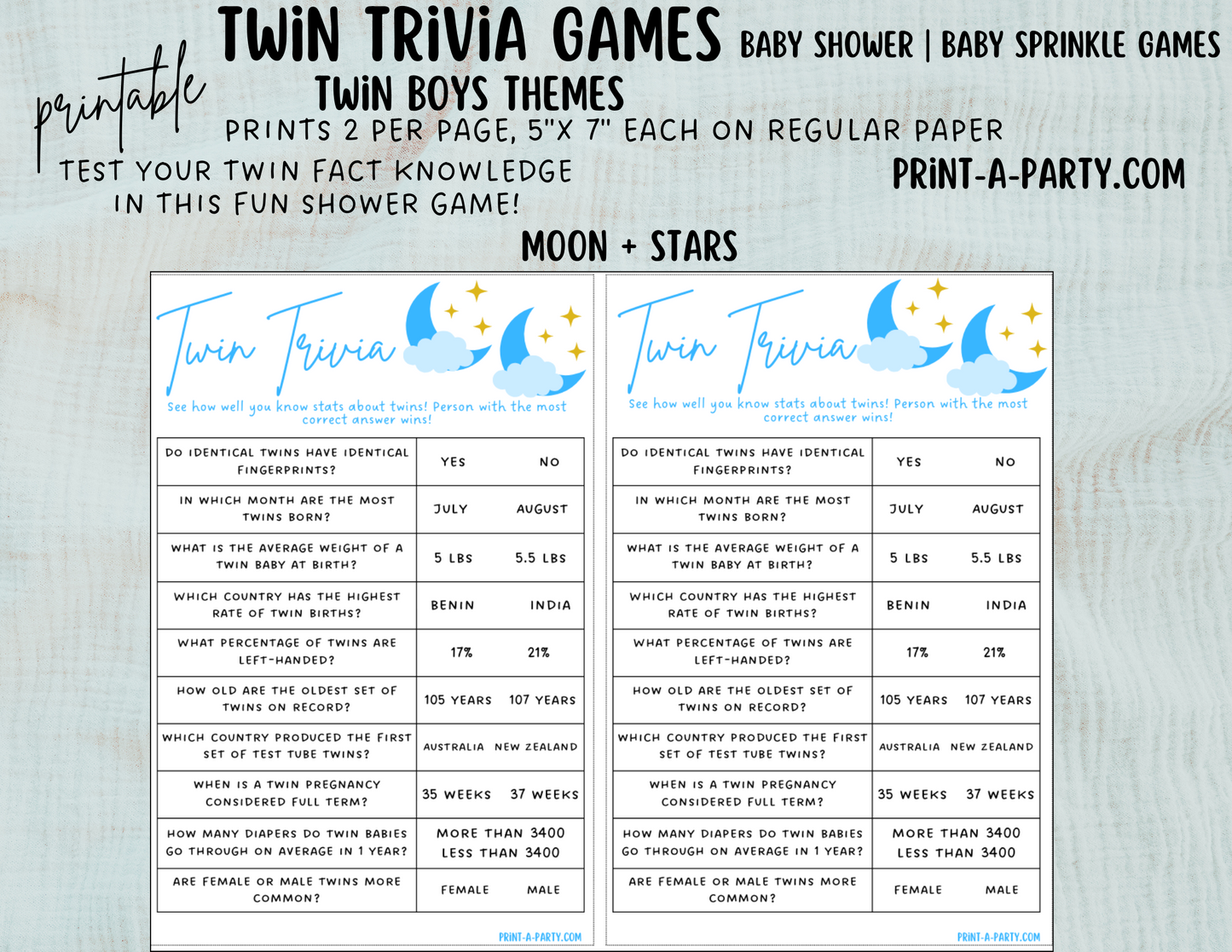 TWIN TRIVIA Game | TWIN BOYS | Twin Boys Baby Shower Idea | Twin Boys Baby Shower Activities - INSTANT DOWNLOAD