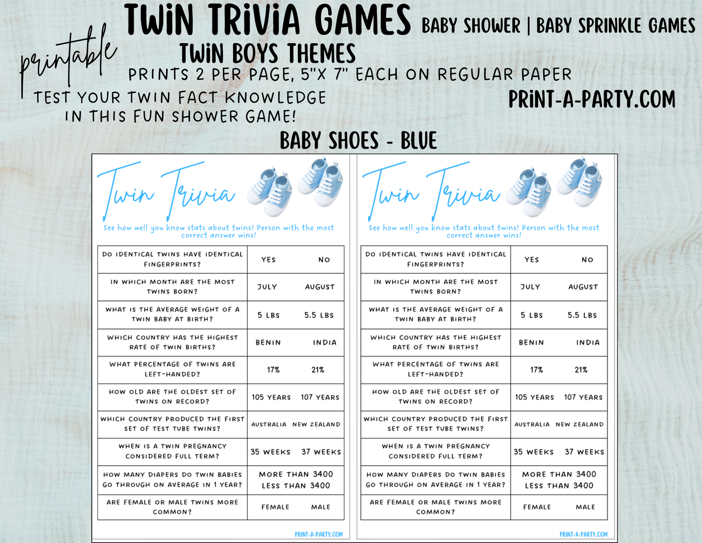 TWIN TRIVIA Game | TWIN BOYS | Twin Boys Baby Shower Idea | Twin Boys Baby Shower Activities - INSTANT DOWNLOAD