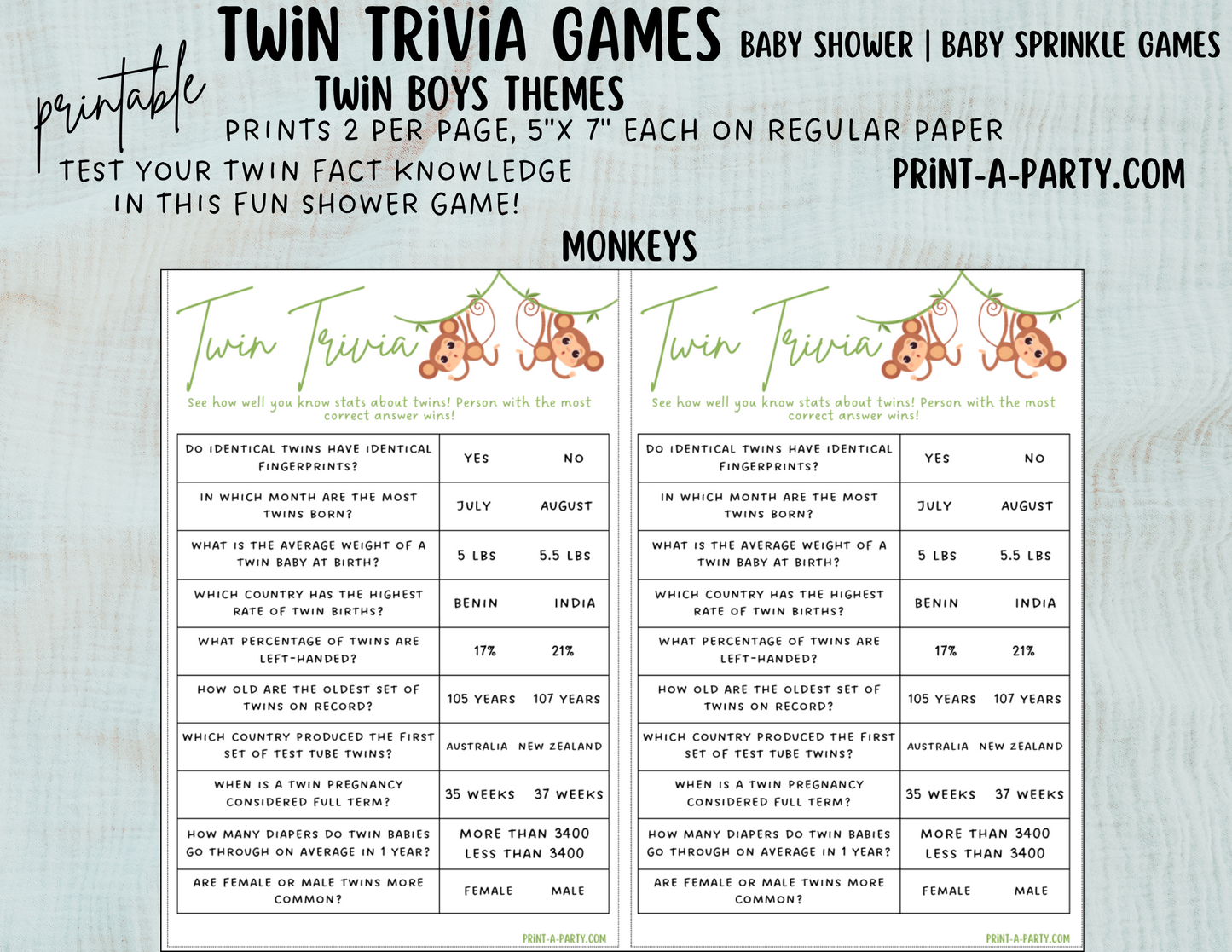 TWIN TRIVIA Game | TWIN BOYS | Twin Boys Baby Shower Idea | Twin Boys Baby Shower Activities - INSTANT DOWNLOAD