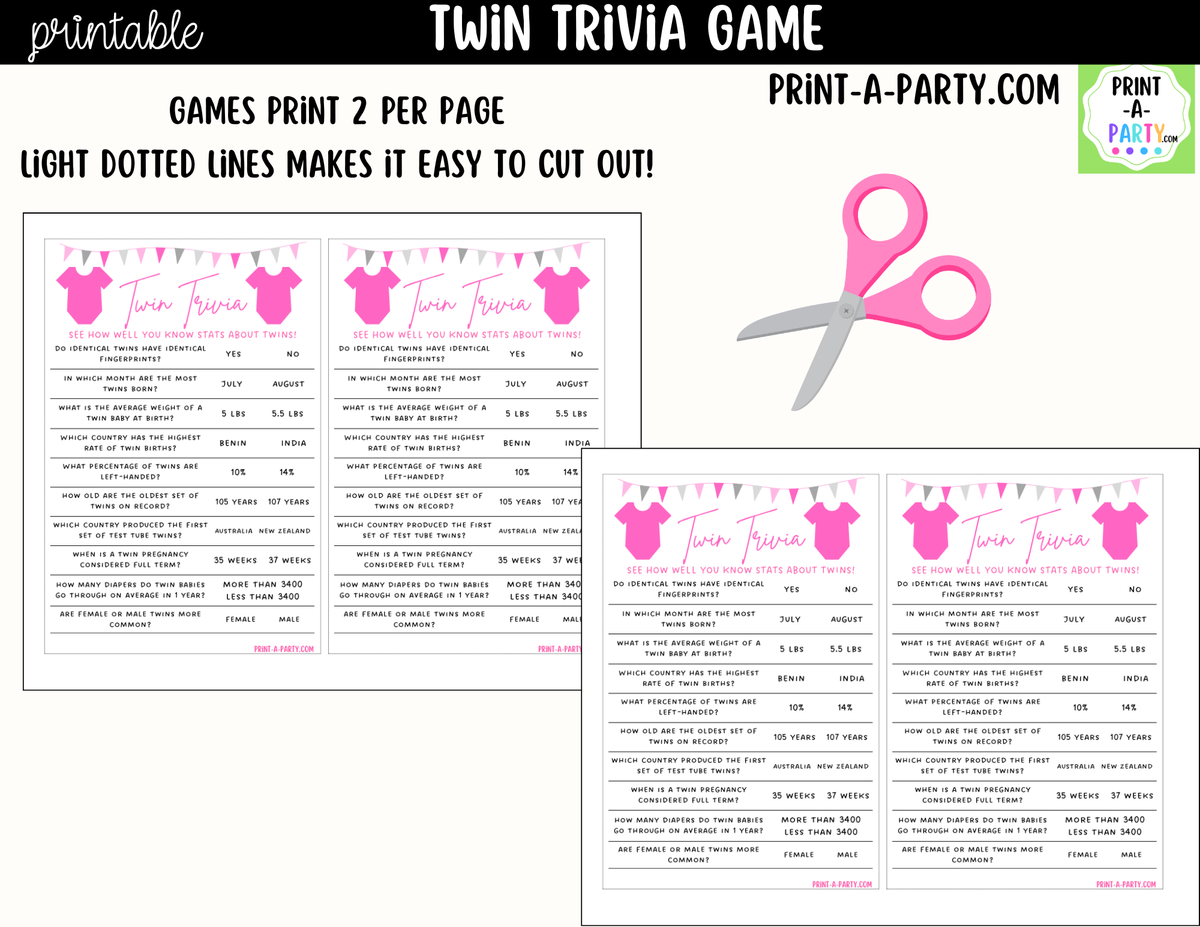 Twin Baby Shower Trivia Game Printable