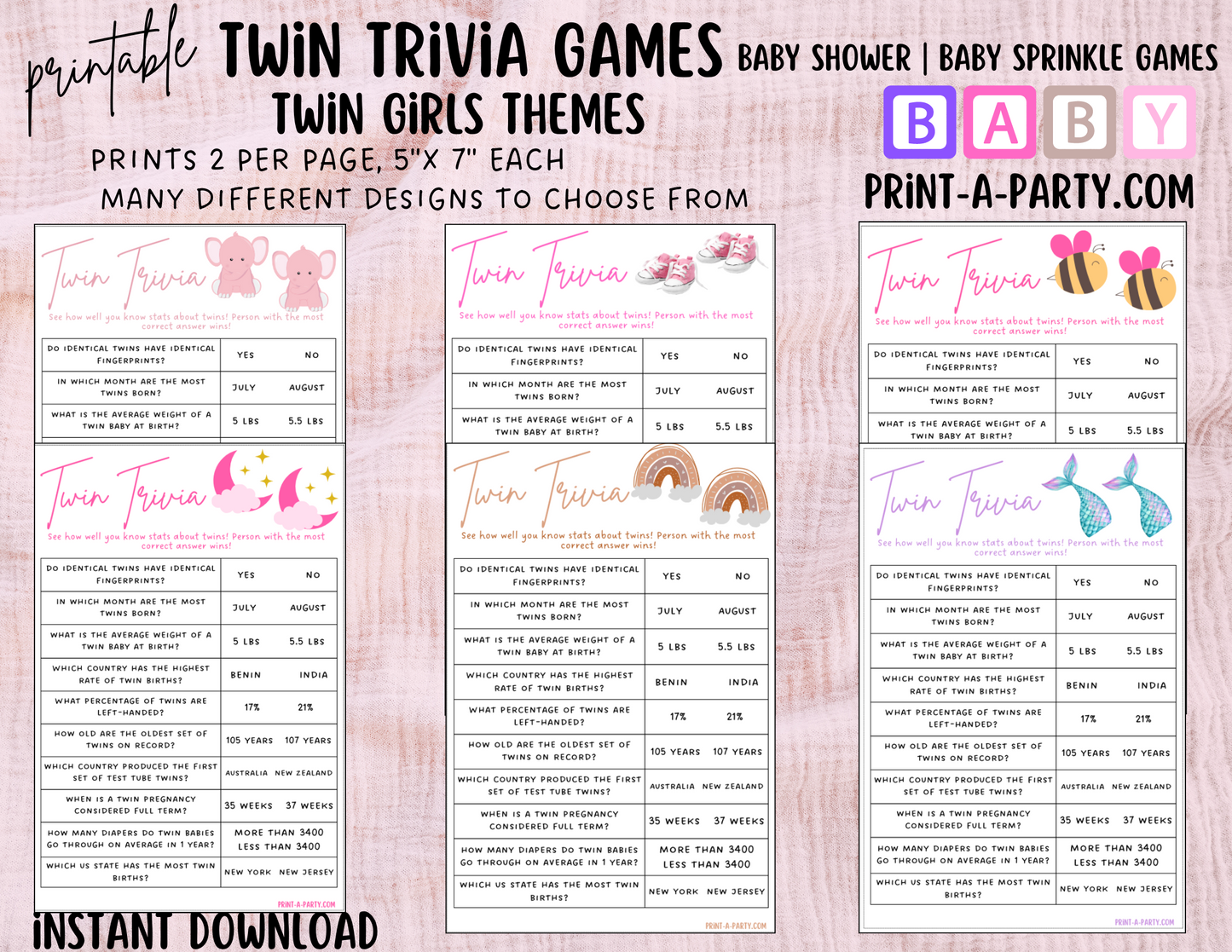 TWIN TRIVIA Game | TWIN GIRLS | Twin Girls Baby Shower Idea | Twin Girls Baby Shower Activities - INSTANT DOWNLOAD