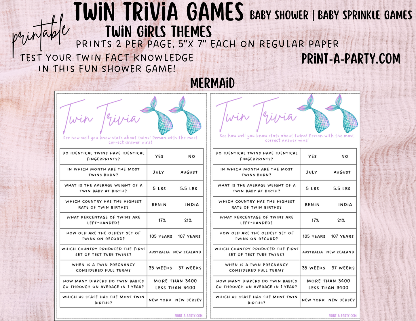 TWIN TRIVIA Game | TWIN GIRLS | Twin Girls Baby Shower Idea | Twin Girls Baby Shower Activities - INSTANT DOWNLOAD