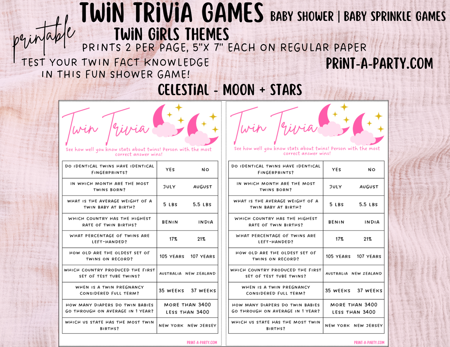 TWIN TRIVIA Game | TWIN GIRLS | Twin Girls Baby Shower Idea | Twin Girls Baby Shower Activities - INSTANT DOWNLOAD