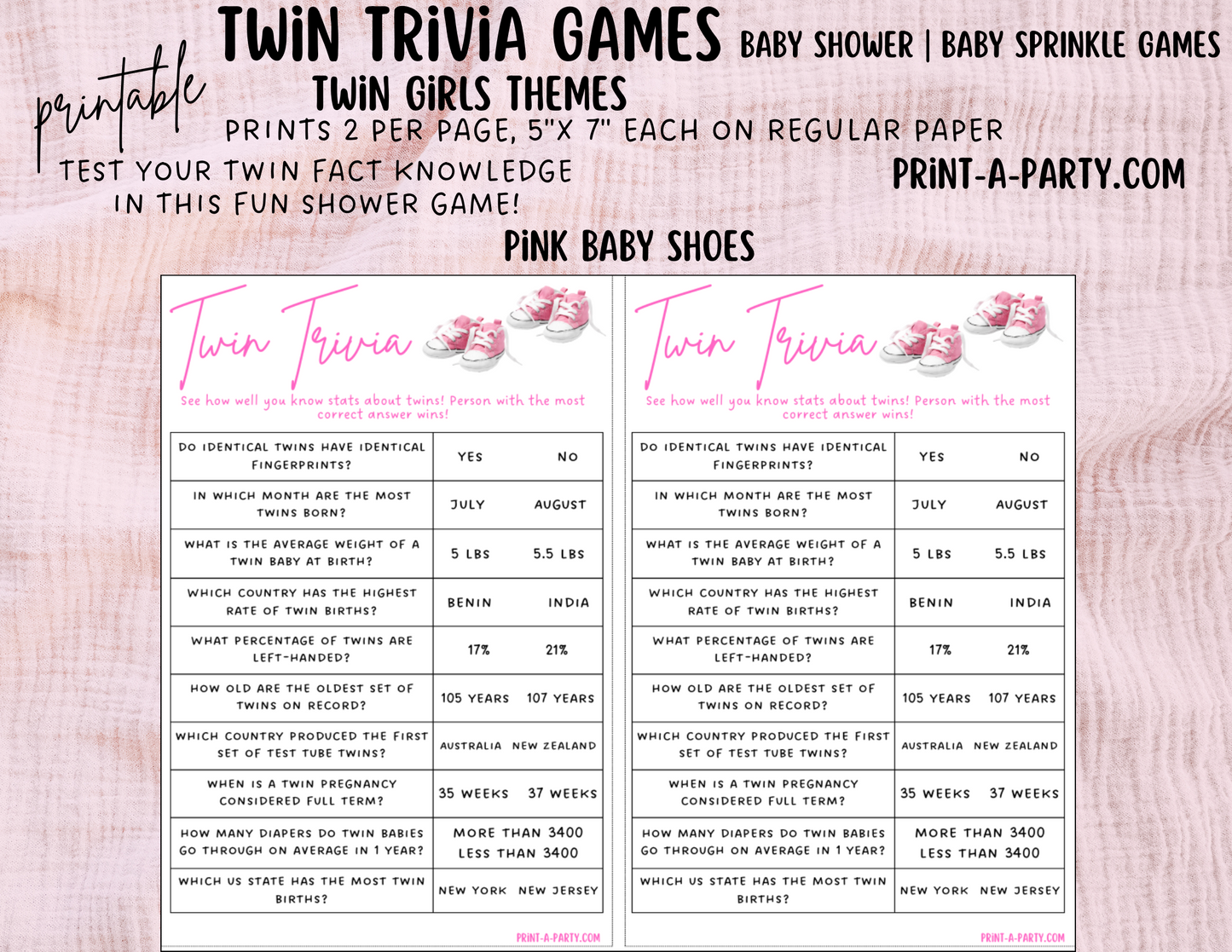 TWIN TRIVIA Game | TWIN GIRLS | Twin Girls Baby Shower Idea | Twin Girls Baby Shower Activities - INSTANT DOWNLOAD