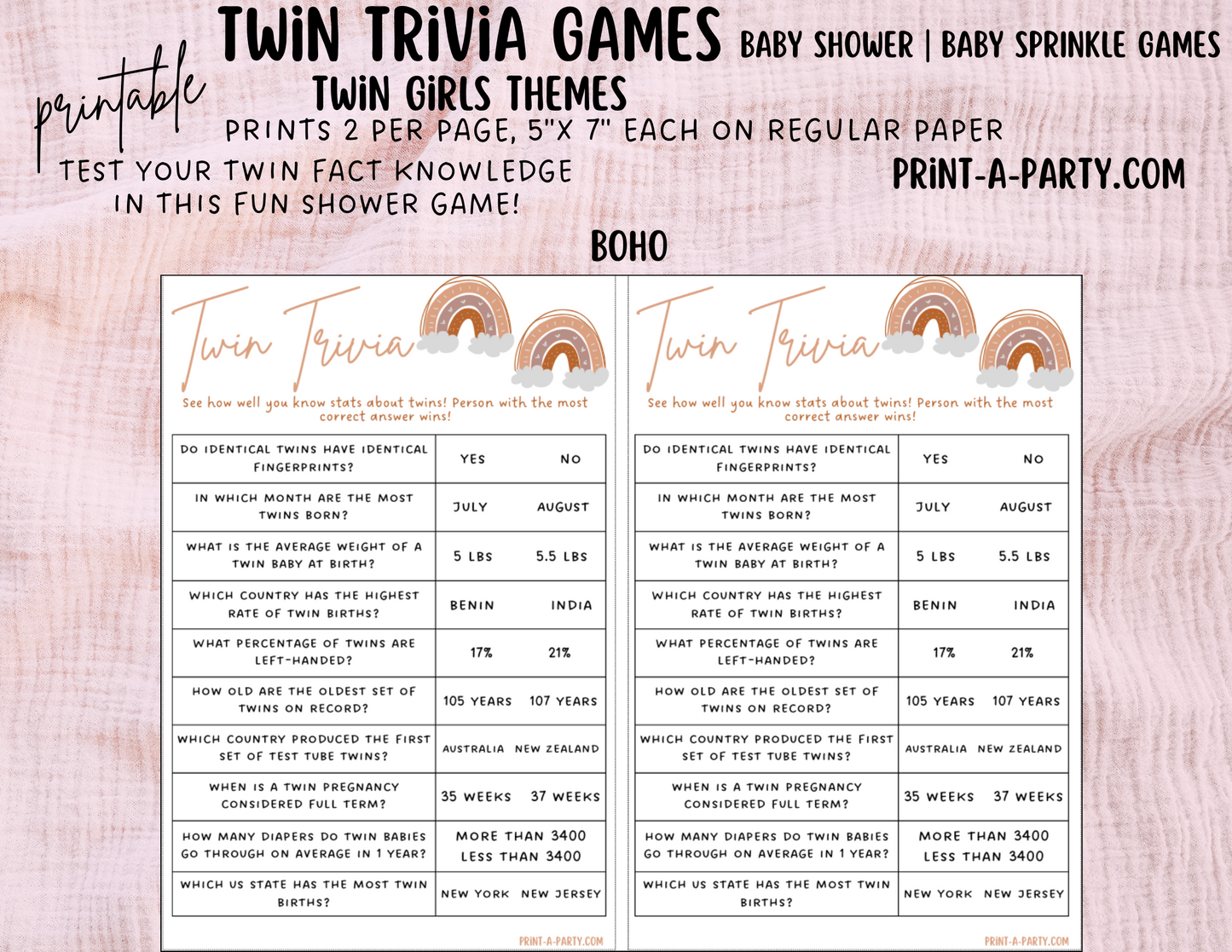 TWIN TRIVIA Game | TWIN GIRLS | Twin Girls Baby Shower Idea | Twin Girls Baby Shower Activities - INSTANT DOWNLOAD