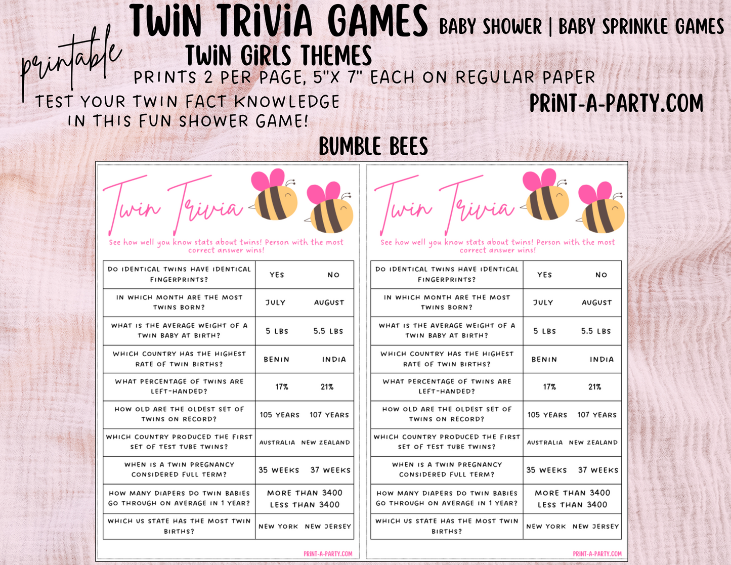 TWIN TRIVIA Game | TWIN GIRLS | Twin Girls Baby Shower Idea | Twin Girls Baby Shower Activities - INSTANT DOWNLOAD