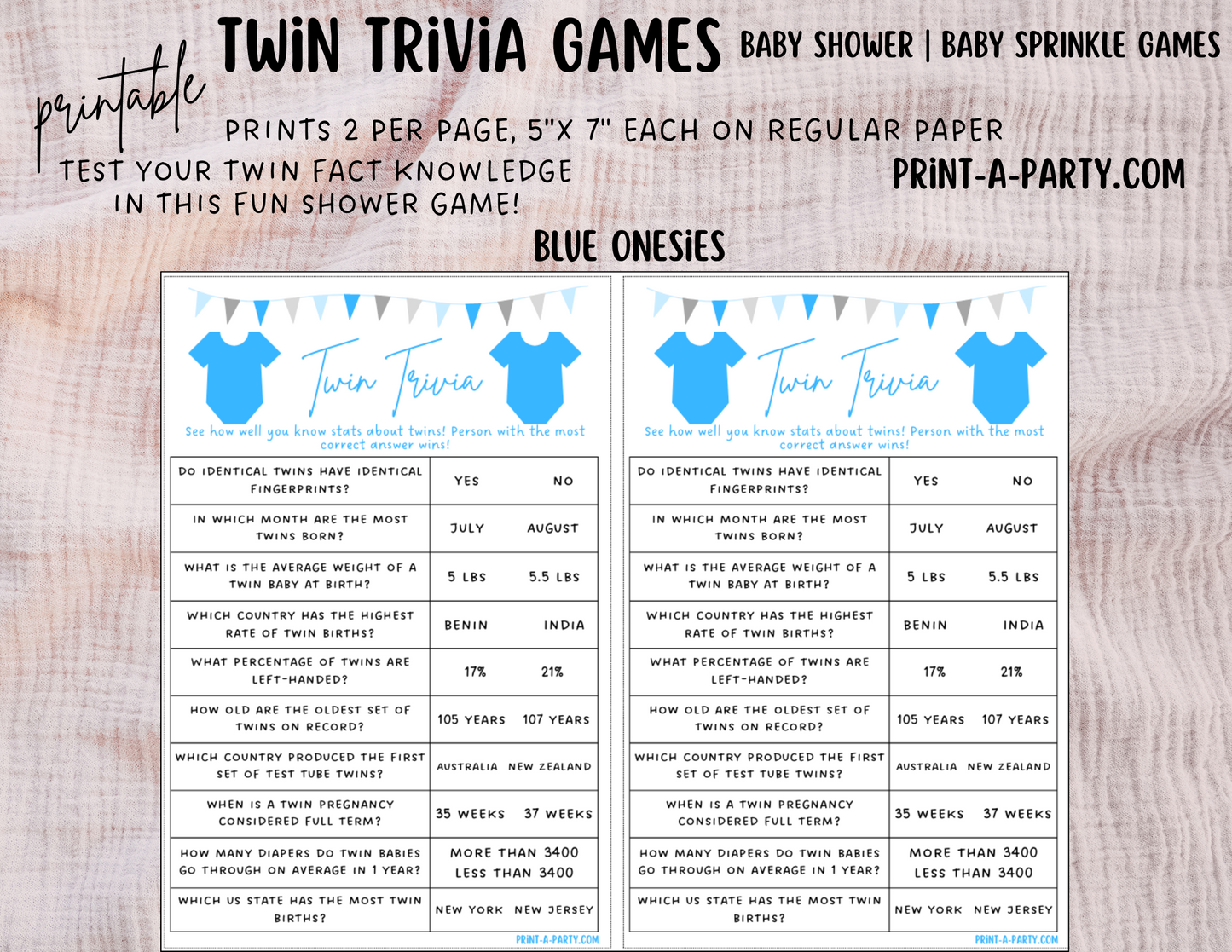 TWIN TRIVIA Game | PICK YOUR COLORS | GENDER NEUTRAL | TWIN GIRLS | TWIN BOYS | Twin Baby Shower Idea | Twin Baby Shower Activities - INSTANT DOWNLOAD