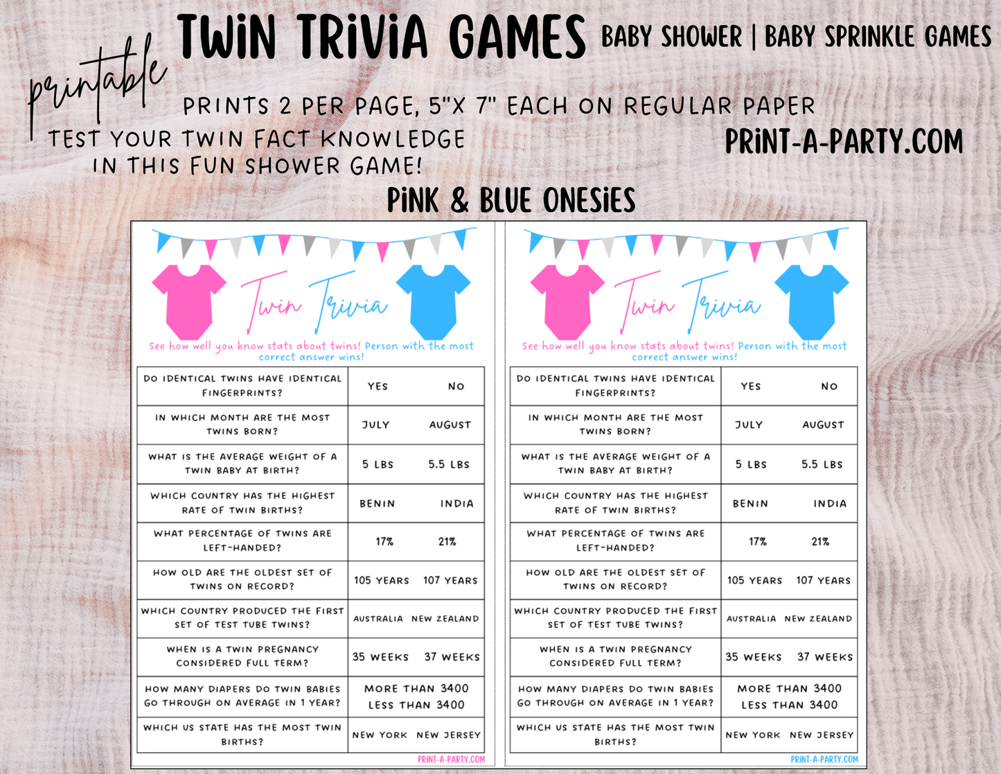 TWIN TRIVIA Game | PICK YOUR COLORS | GENDER NEUTRAL | TWIN GIRLS | TWIN BOYS | Twin Baby Shower Idea | Twin Baby Shower Activities - INSTANT DOWNLOAD