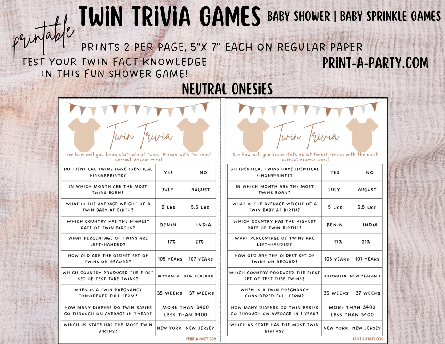 TWIN TRIVIA Game | PICK YOUR COLORS | GENDER NEUTRAL | TWIN GIRLS | TWIN BOYS | Twin Baby Shower Idea | Twin Baby Shower Activities - INSTANT DOWNLOAD