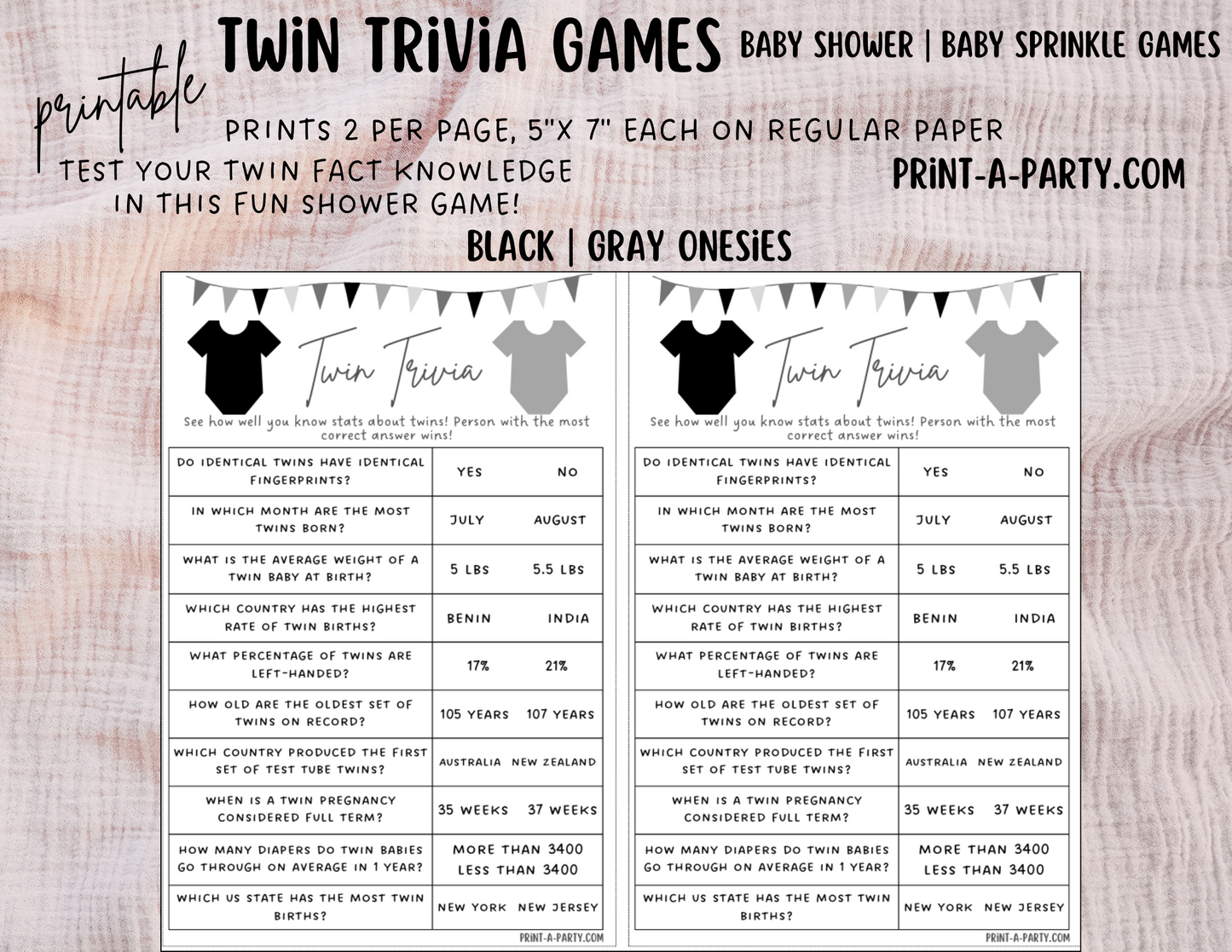 TWIN TRIVIA Game | PICK YOUR COLORS | GENDER NEUTRAL | TWIN GIRLS | TWIN BOYS | Twin Baby Shower Idea | Twin Baby Shower Activities - INSTANT DOWNLOAD