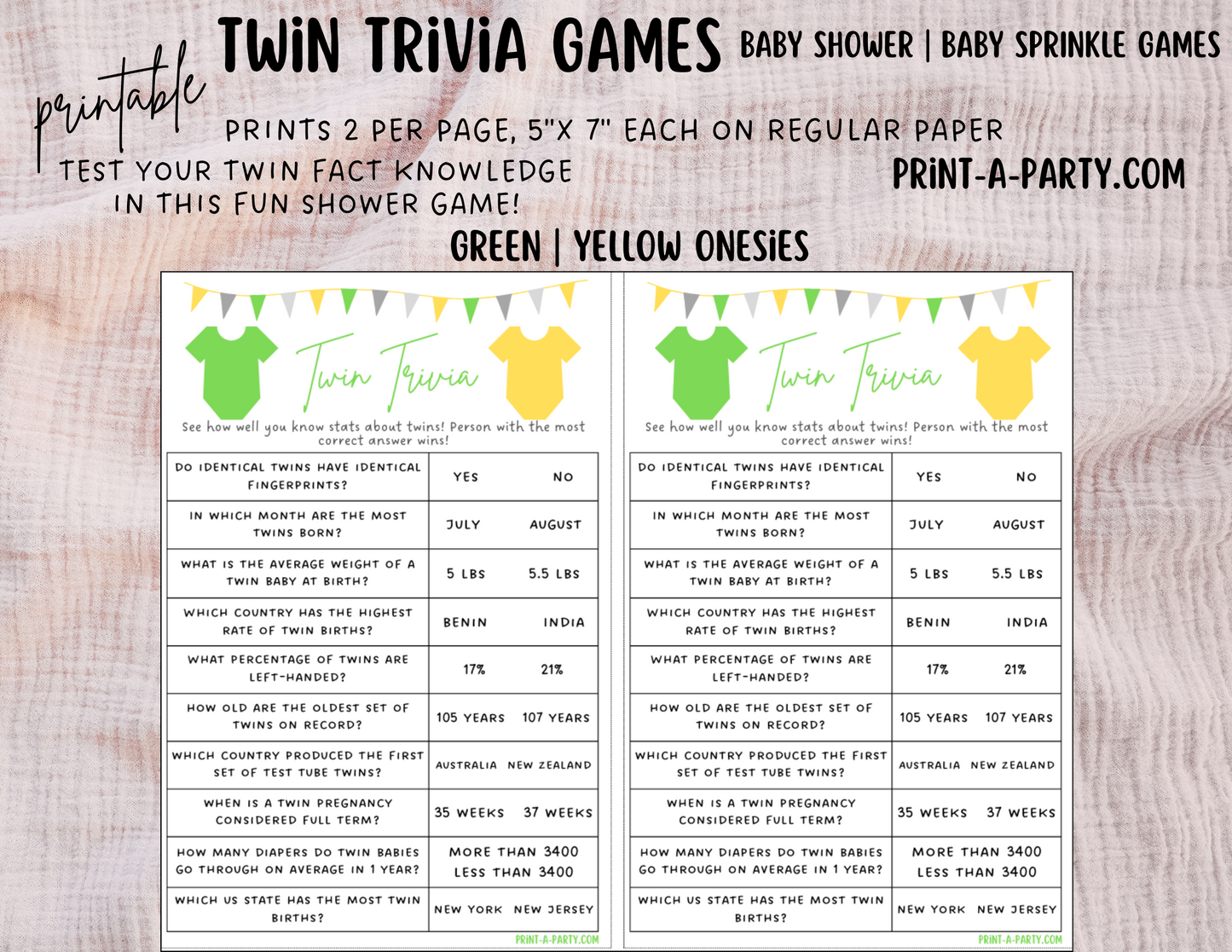 TWIN TRIVIA Game | PICK YOUR COLORS | GENDER NEUTRAL | TWIN GIRLS | TWIN BOYS | Twin Baby Shower Idea | Twin Baby Shower Activities - INSTANT DOWNLOAD