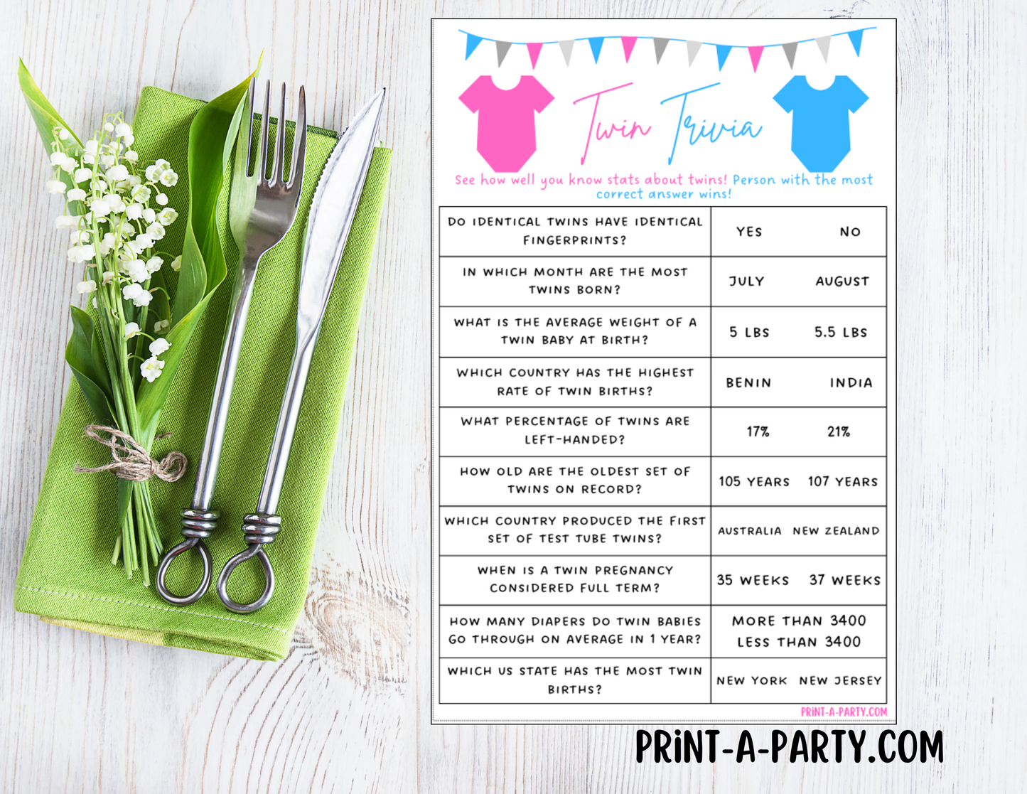 TWIN TRIVIA Game | PICK YOUR COLORS | GENDER NEUTRAL | TWIN GIRLS | TWIN BOYS | Twin Baby Shower Idea | Twin Baby Shower Activities - INSTANT DOWNLOAD