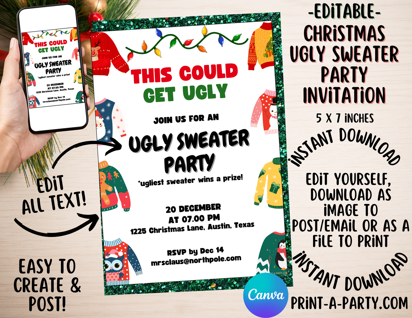 CHRISTMAS EDITABLE INVITATION: UGLY CHRISTMAS SWEATER PARTY INVITATION | Christmas Party Invite | Ugly Sweater Party