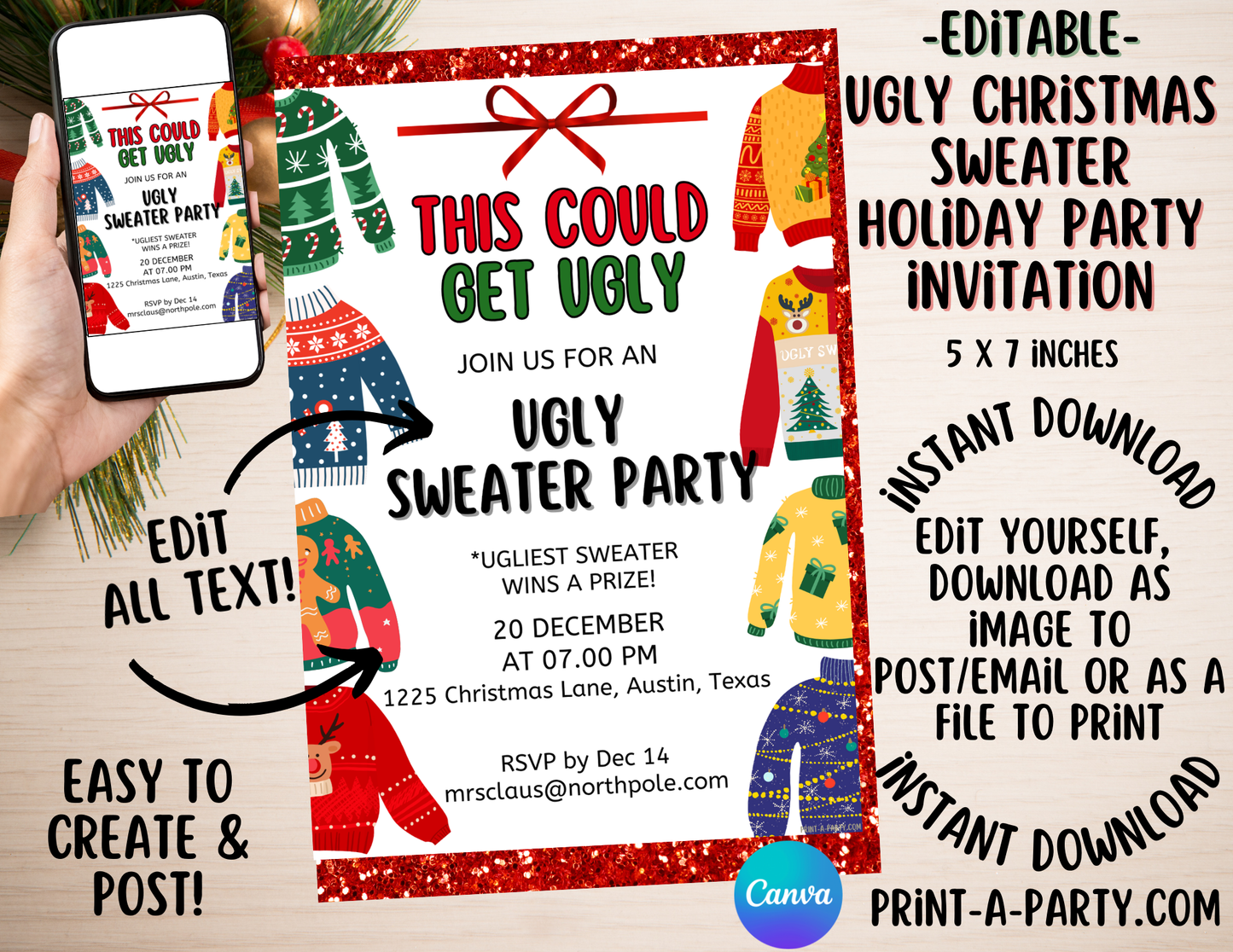 UGLY CHRISTMAS SWEATER PARTY INVITATION - Editable Invitation Template for Easy Sharing Posting or Printing