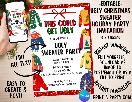 UGLY CHRISTMAS SWEATER PARTY INVITATION - Editable Invitation Template for Easy Sharing Posting or Printing