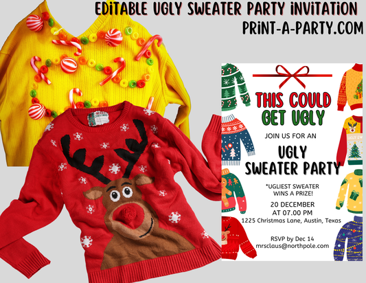 UGLY CHRISTMAS SWEATER PARTY INVITATION - Editable Invitation Template for Easy Sharing Posting or Printing