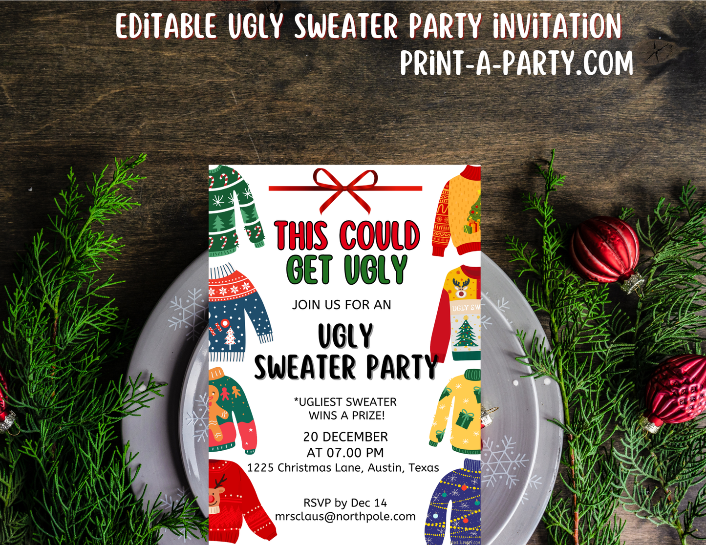UGLY CHRISTMAS SWEATER PARTY INVITATION - Editable Invitation Template for Easy Sharing Posting or Printing