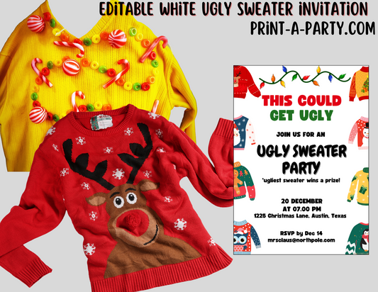 UGLY CHRISTMAS SWEATER PARTY INVITATION - Editable Invitation Template for Easy Sharing Posting or Printing