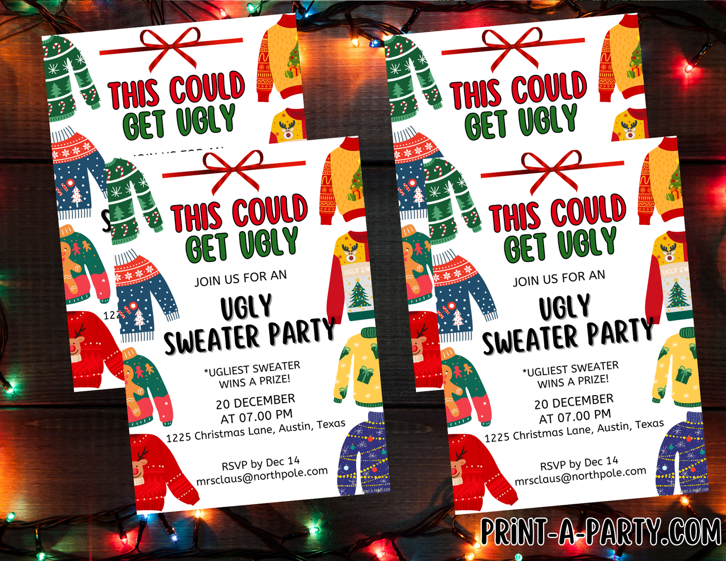 UGLY CHRISTMAS SWEATER PARTY INVITATION - Editable Invitation Template for Easy Sharing Posting or Printing