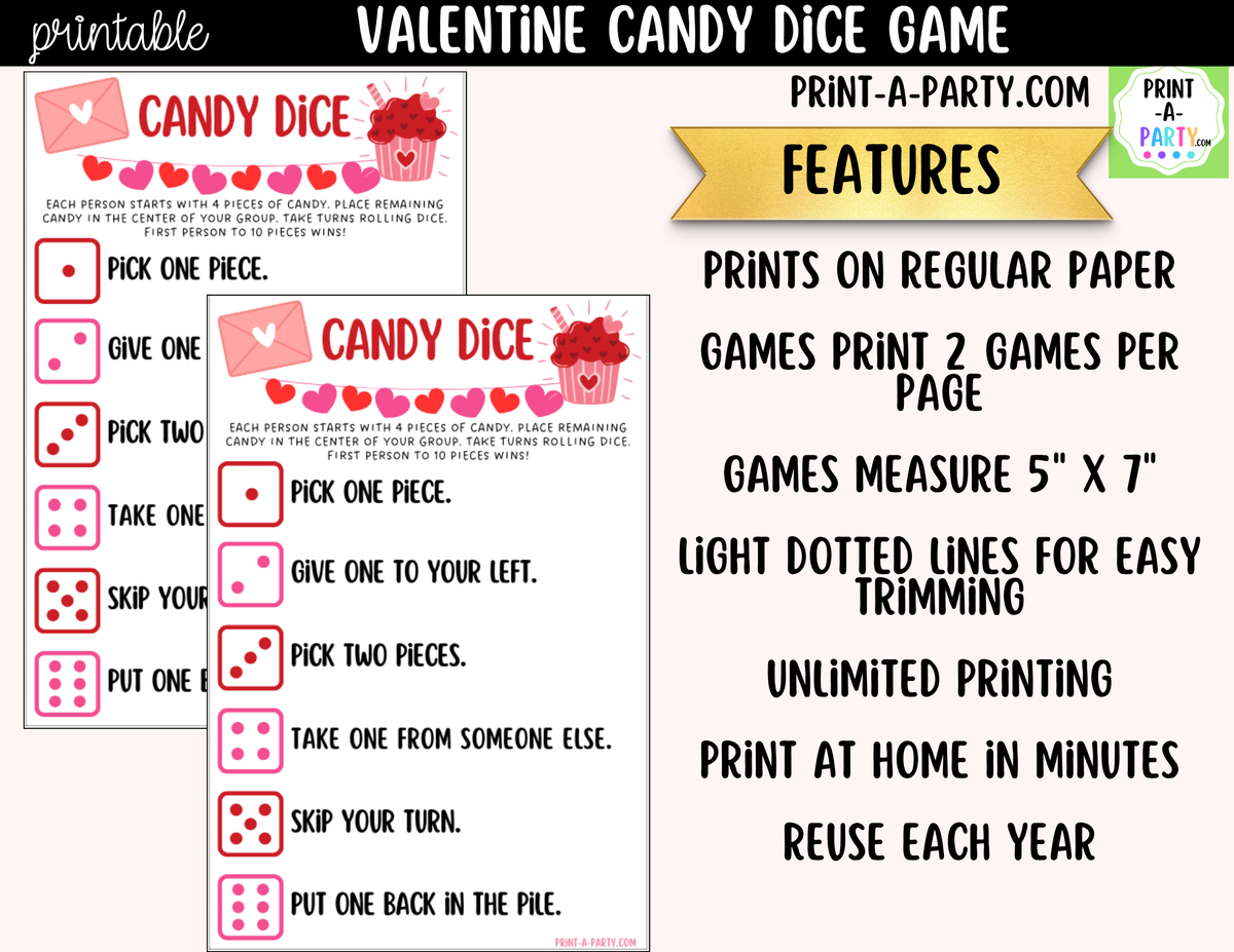 Valentine's Day Candy Dice Game Printable – Party & Classroom