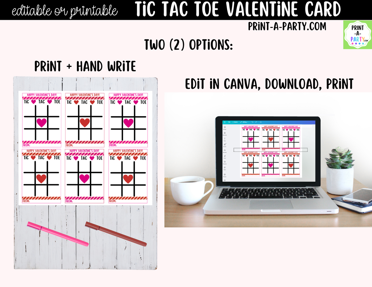 Tic Tac Toe Valentine Card Printable – Editable Canva Option