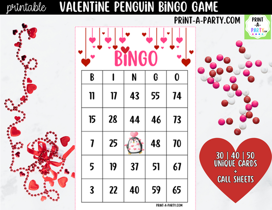 Valentine Penguin Bingo Game Printable – 30, 40 or 50 Cards