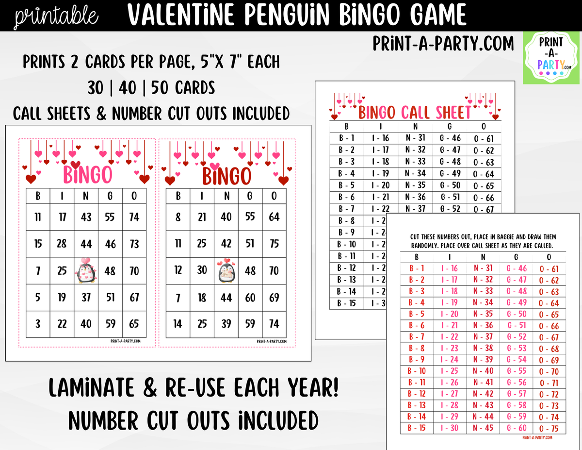 Valentine Penguin Bingo Game Printable – 30, 40 or 50 Cards