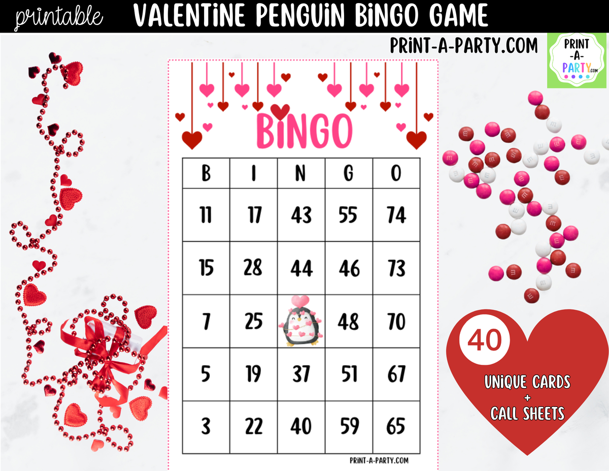 Valentine Penguin Bingo Game Printable – 30, 40 or 50 Cards
