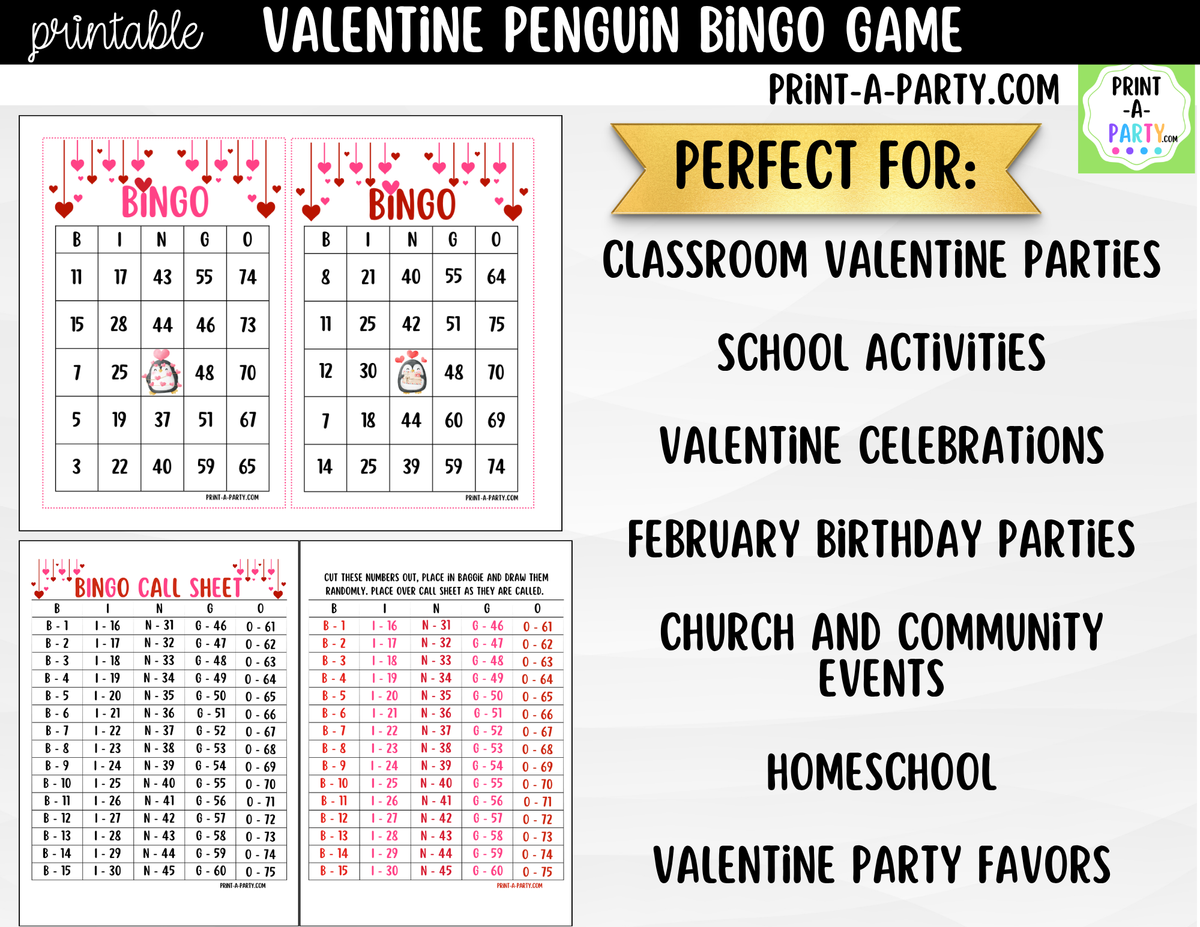 Valentine Penguin Bingo Game Printable – 30, 40 or 50 Cards