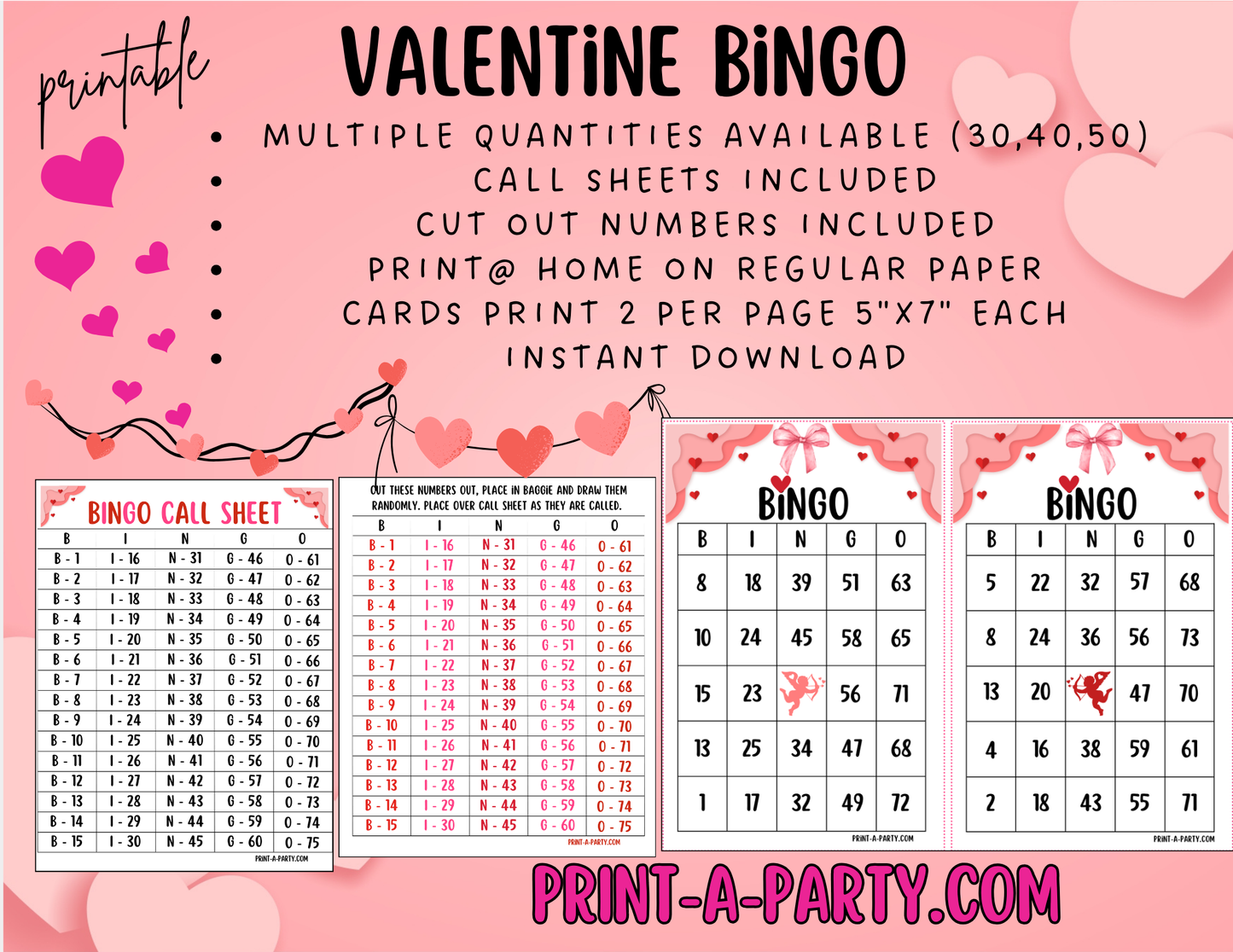 BINGO: Valentine Bingo | Valentine's Day Bingo | Classrooms | Parties | Birthday | 30, 40, or 50 cards - INSTANT DOWNLOAD