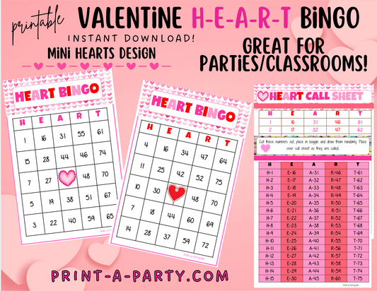 BINGO: Valentine Bingo | Mini Hearts Bingo | Classrooms | Parties | Birthday | 30, 40, or 50 cards - INSTANT DOWNLOAD