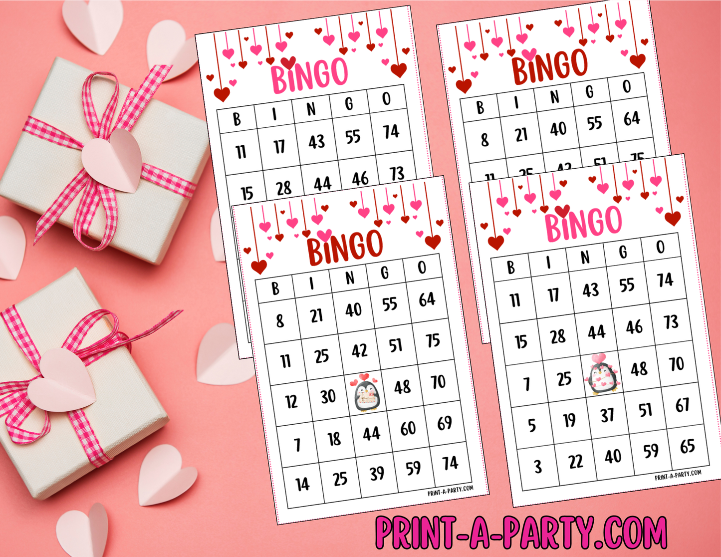 BINGO: Valentine Bingo | Valentine Penguins Bingo | Classrooms | Parties | Birthday | 30, 40, or 50 cards | Valentine Party Idea