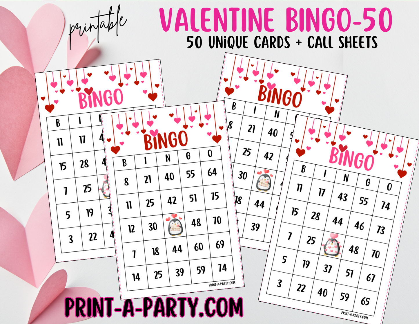 BINGO: Valentine Bingo | Valentine Penguins Bingo | Classrooms | Parties | Birthday | 30, 40, or 50 cards | Valentine Party Idea