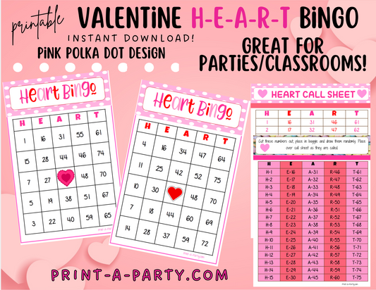 BINGO: Valentine Bingo | Pink Polka Dots Heart Bingo | Classrooms | Parties | Birthday | 30, 40, or 50 cards - INSTANT DOWNLOAD