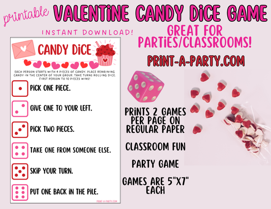 DICE GAME: Valentine Dice Candy Game Printable - Fun Candy Activity for Classroom and Party