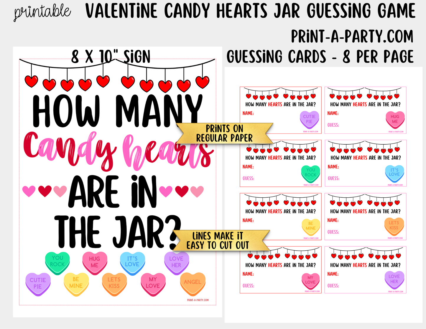 Valentine's Day Conversation Hearts Jar Game Printable Sign (8x10) & Guessing Cards for parties
