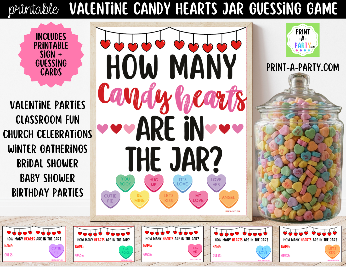 Valentine's Day Conversation Hearts Jar Game Printable Sign (8x10) & Guessing Cards for parties
