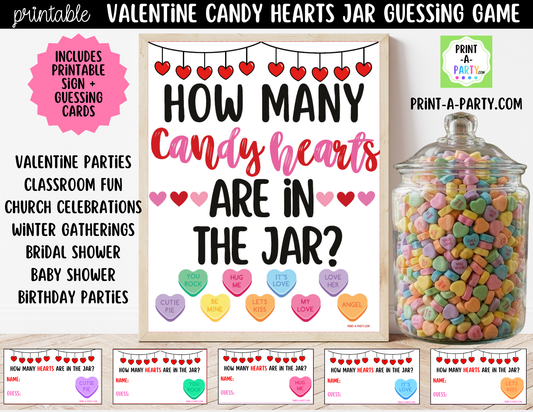 Valentine's Day Conversation Hearts Jar Game Printable Sign (8x10) & Guessing Cards for parties