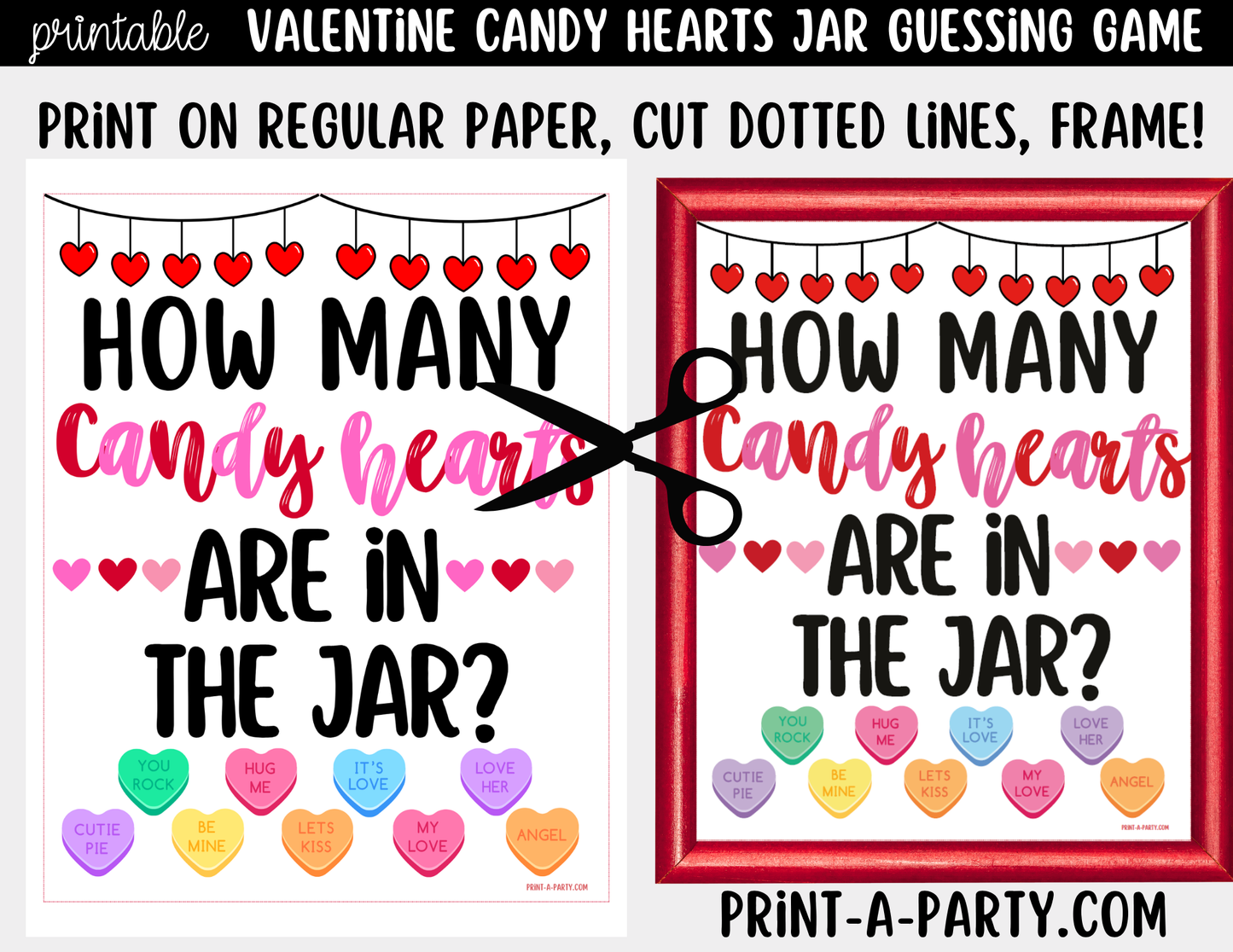 Valentine's Day Conversation Hearts Jar Game Printable Sign (8x10) & Guessing Cards for parties