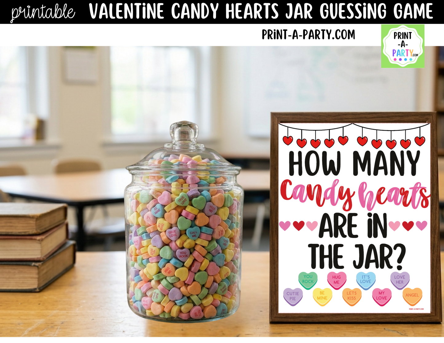 Valentine's Day Conversation Hearts Jar Game Printable Sign (8x10) & Guessing Cards for parties