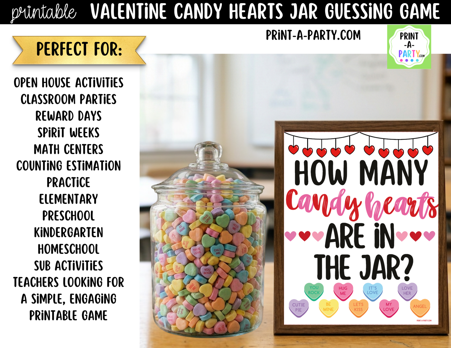 Valentine's Day Conversation Hearts Jar Game Printable Sign (8x10) & Guessing Cards for parties