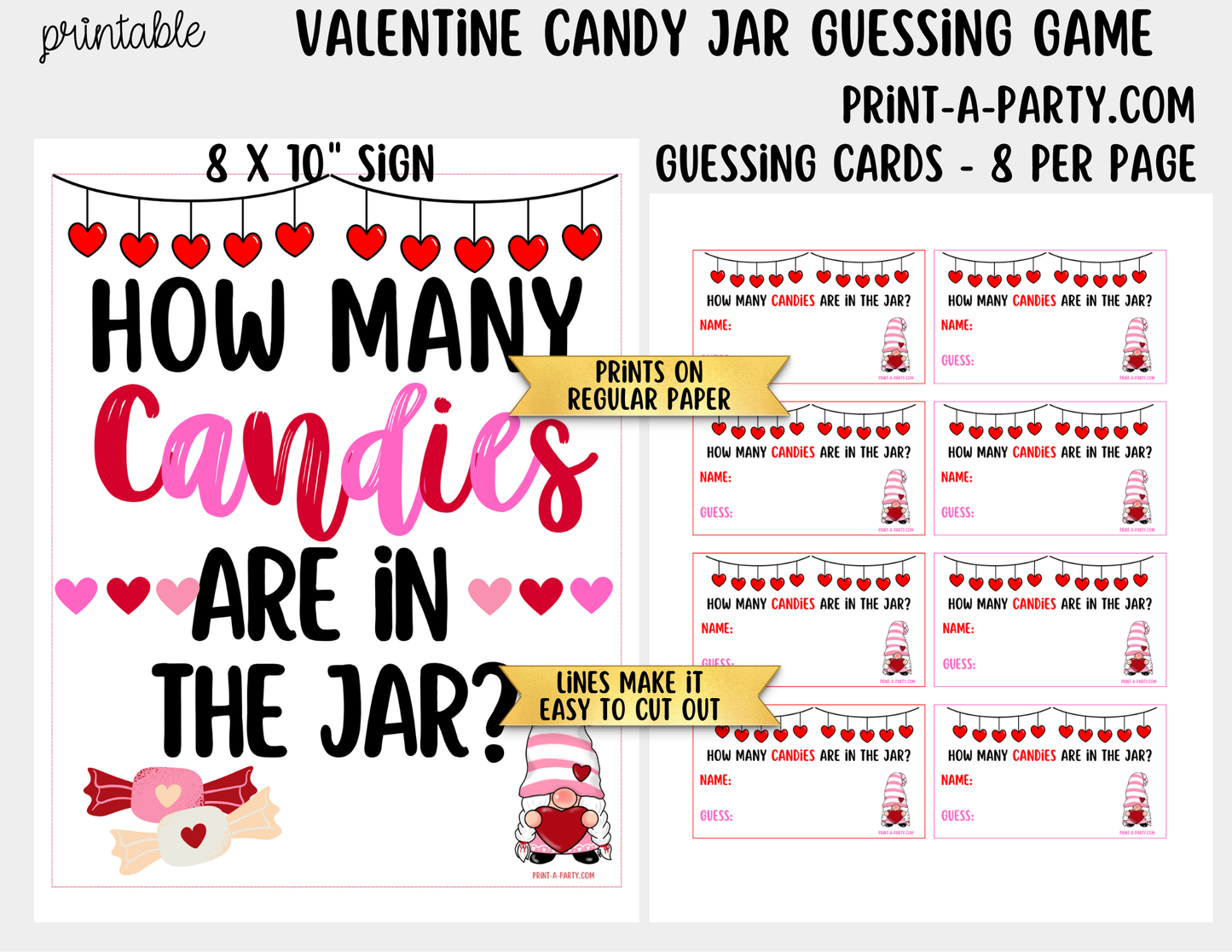 Valentine's Day Candy Jar Game Printable Sign (8x10) & guessing cards for parties and events
