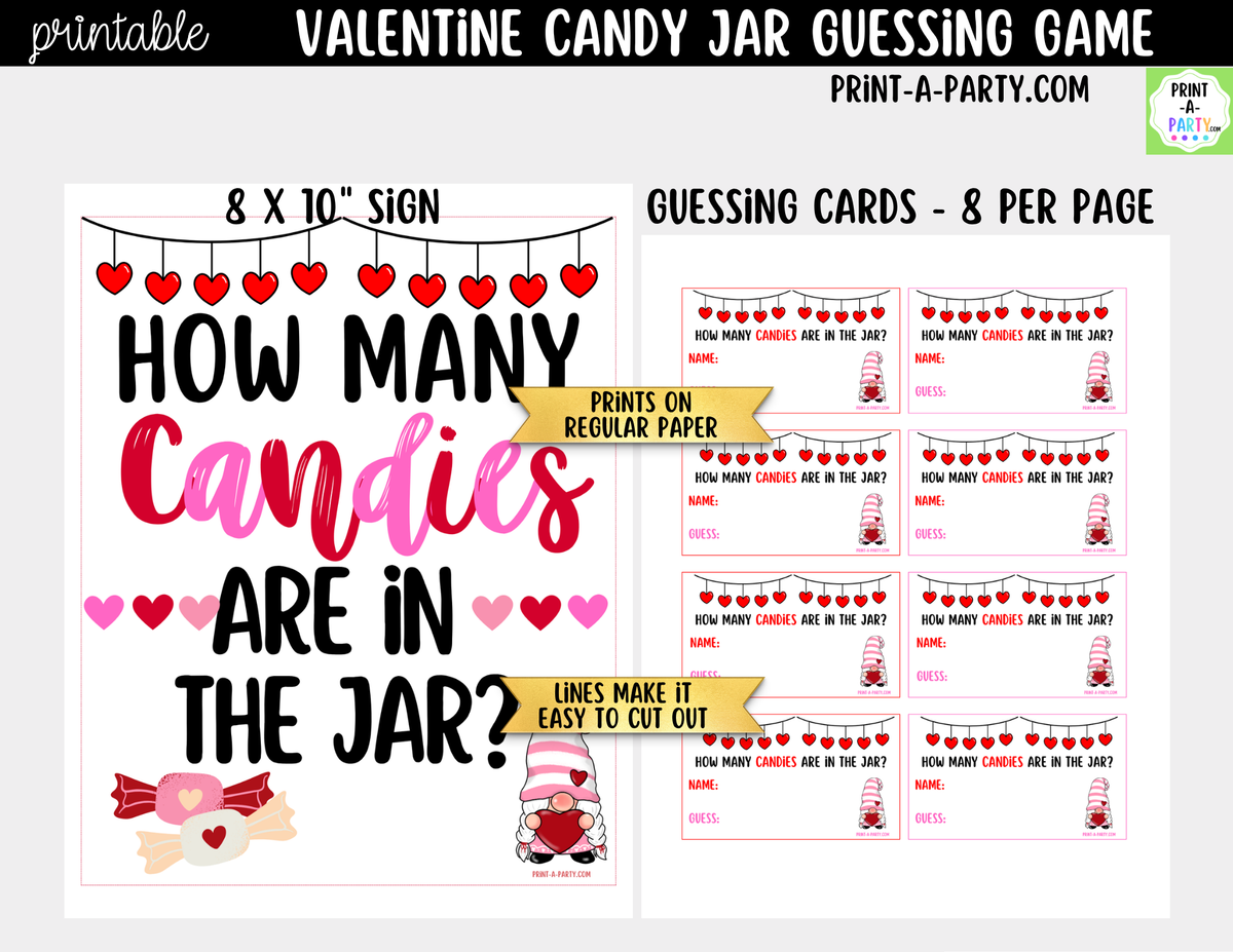 Valentine Candy Jar Guessing Game Printable Sign & Cards