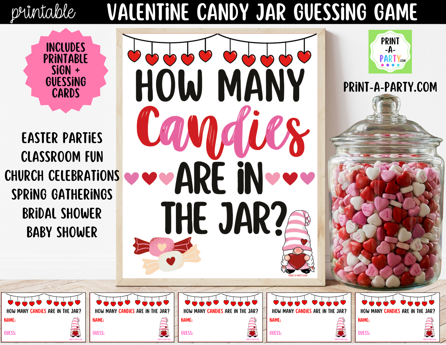 Valentine's Day Candy Jar Game Printable Sign (8x10) & guessing cards for parties and events