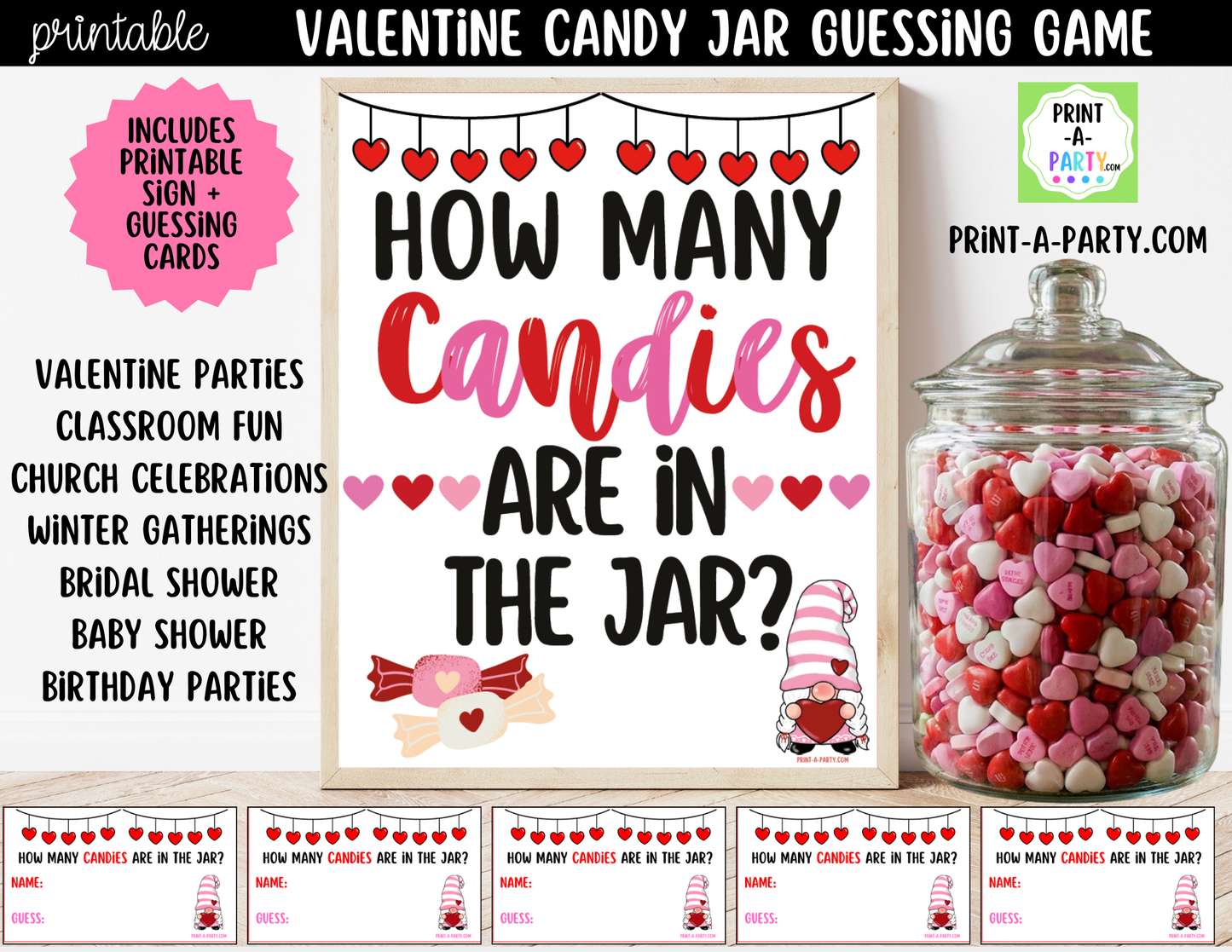 Valentine's Day Candy Jar Game Printable Sign (8x10) & guessing cards for parties and events