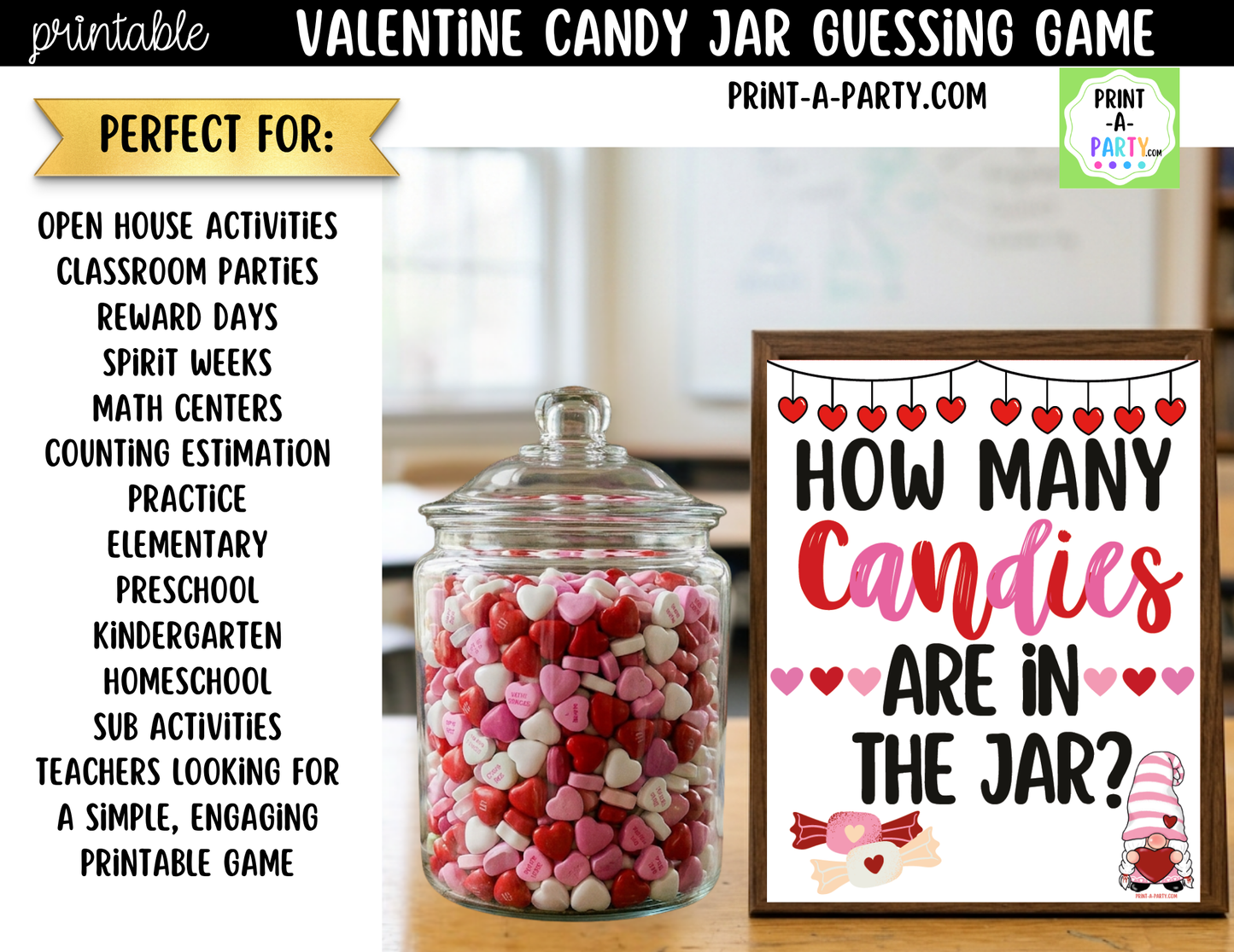 Valentine's Day Candy Jar Game Printable Sign (8x10) & guessing cards for parties and events