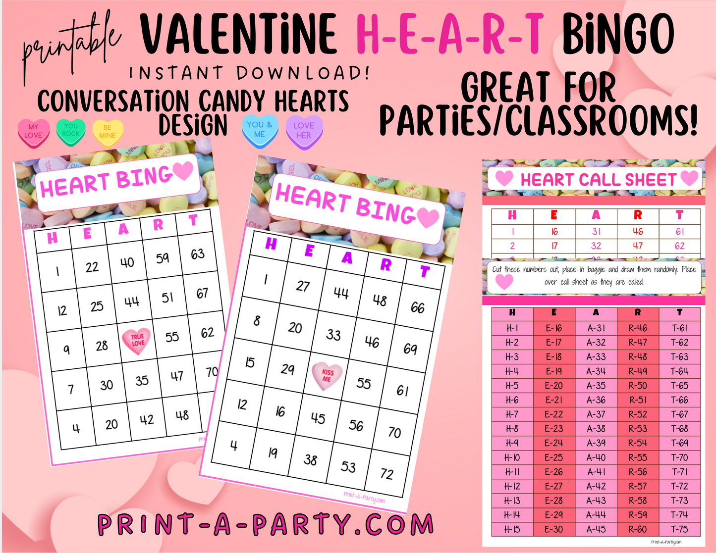 BINGO: Valentine Bingo | Converation Candy Heart Bingo | Classrooms | Parties | Birthday | 30, 40, or 50 cards - INSTANT DOWNLOAD