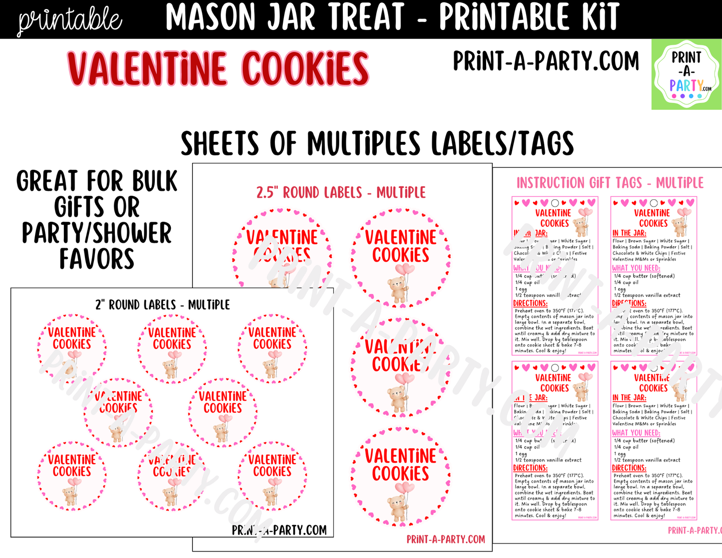 Valentine's Day Cookies in a Mason Jar Gift Printable Kit - Labels, Tag, Recipe & Instructions