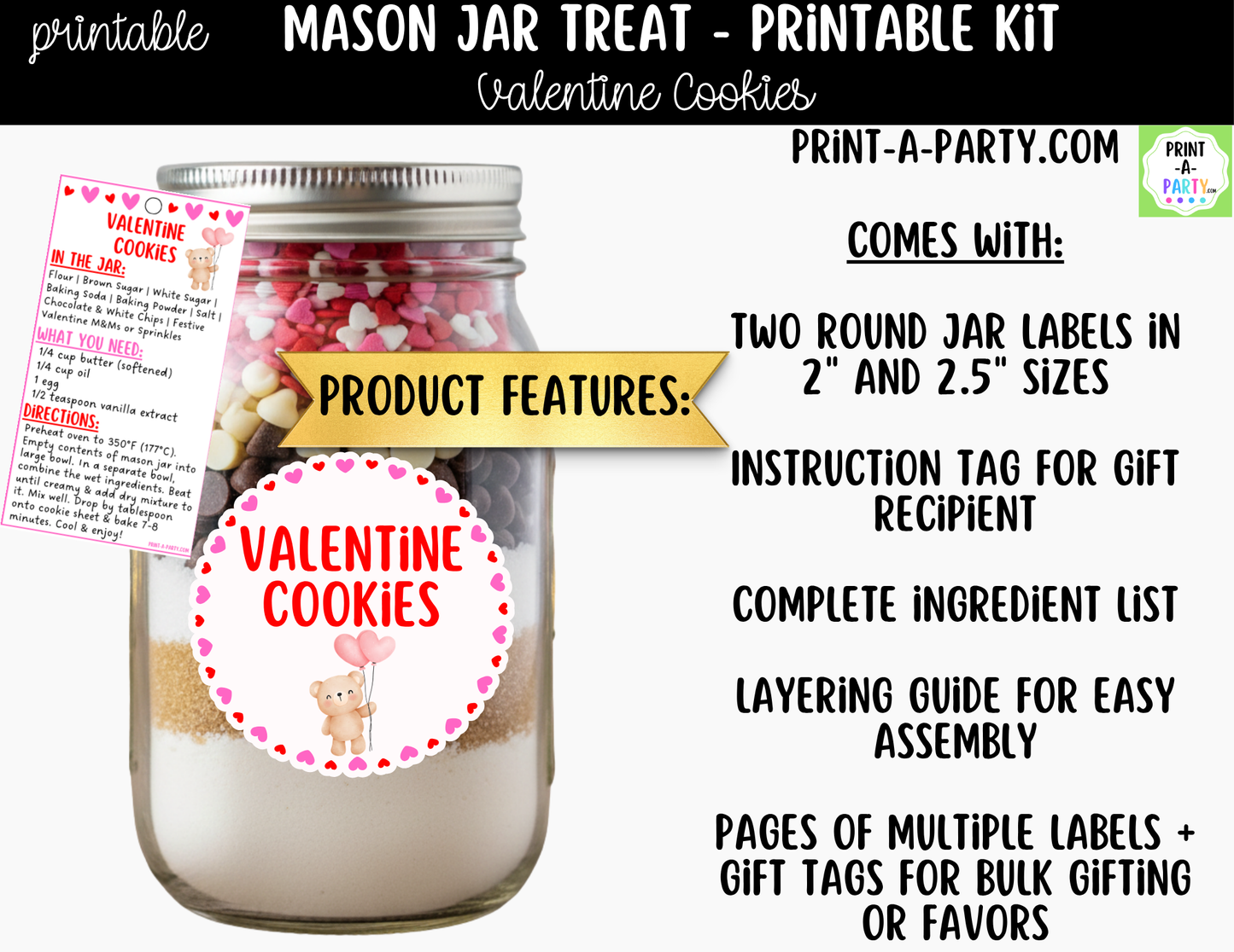 Valentine's Day Cookies in a Mason Jar Gift Printable Kit - Labels, Tag, Recipe & Instructions